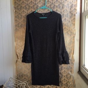Lulus Gray Ribbed Ruffle Bell Sleeve Sweater Dress - Size M Charcoal Rayon Blend